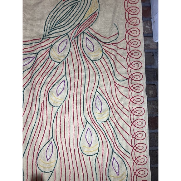 Vintage Chenille Peacock Rug Red Green Yellow White ~ 30”x55” 40-50’s Mod - Picture 13 of 16